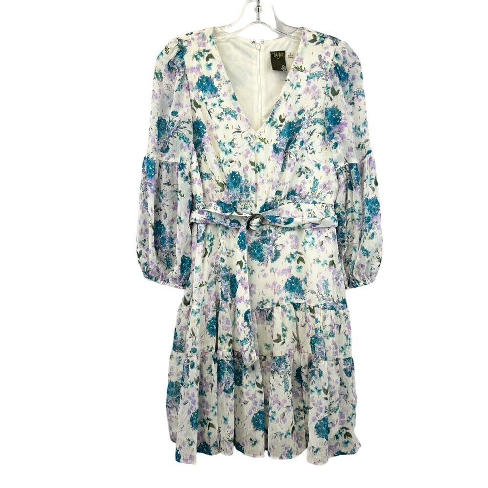 Taylor A-Line Belted 3/4 Sleeve Dress V-Neck Multicolor Floral Women’s Size 2